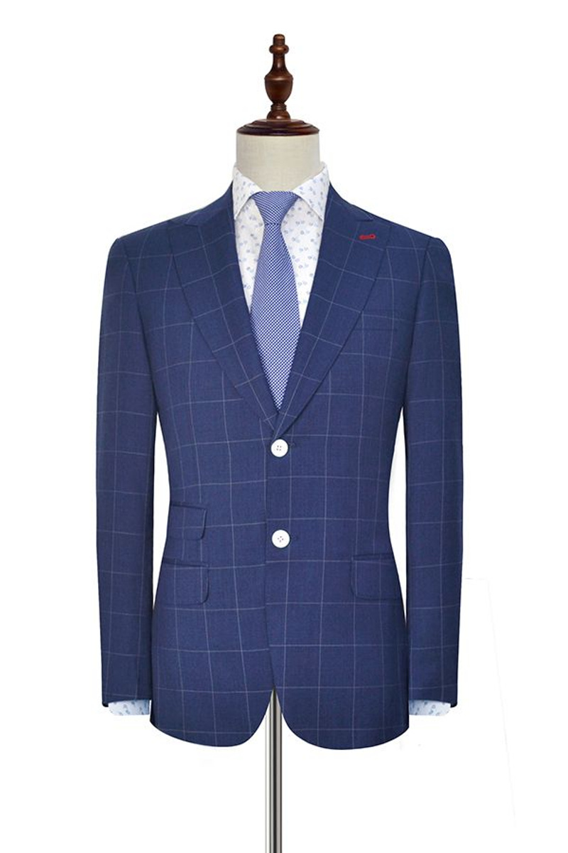 Three Flap Pocket Peak Lapel Suit Two-Button Check Navy Suit