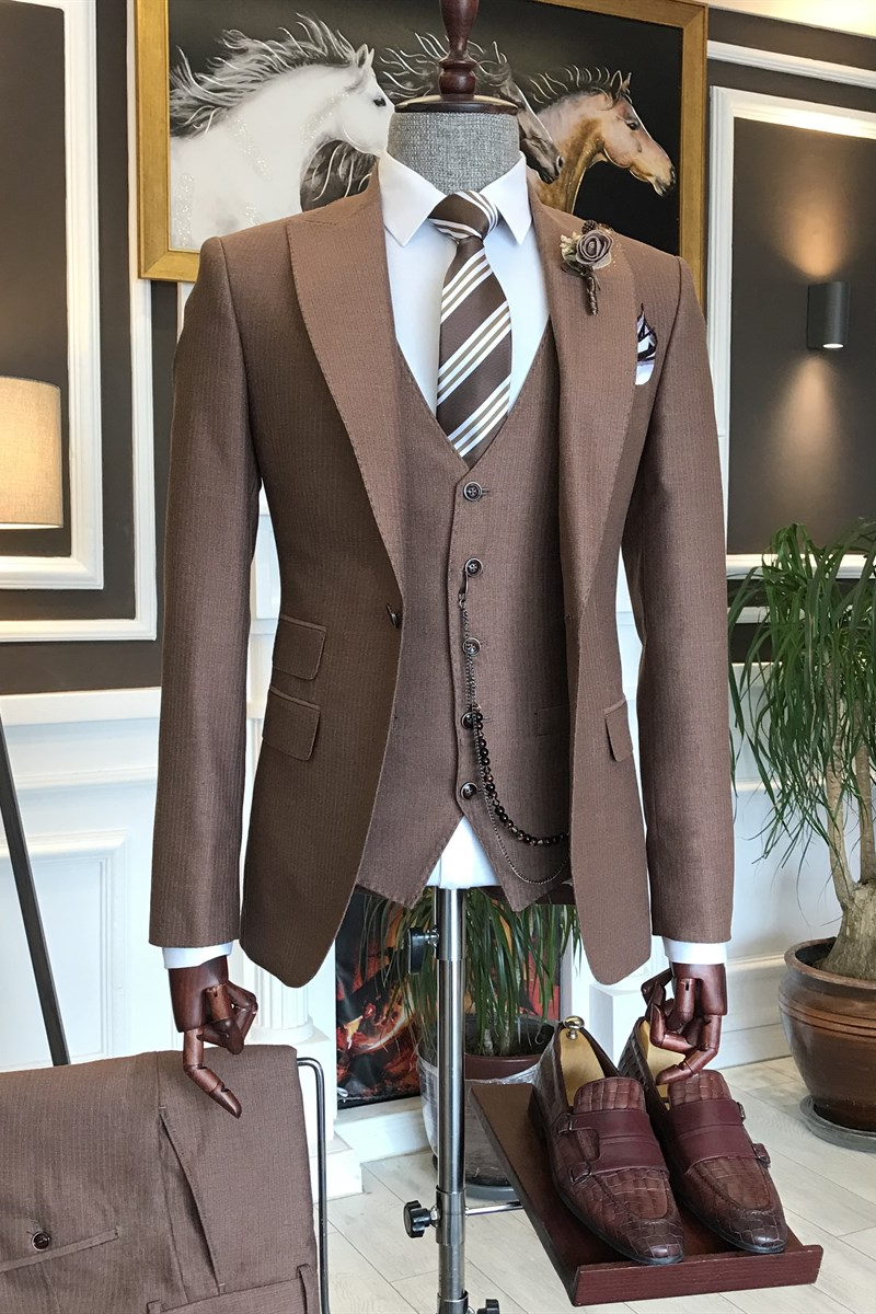 Claude Chic Brown Peaked Lapel Three-Piece Best Fitted Business Suit