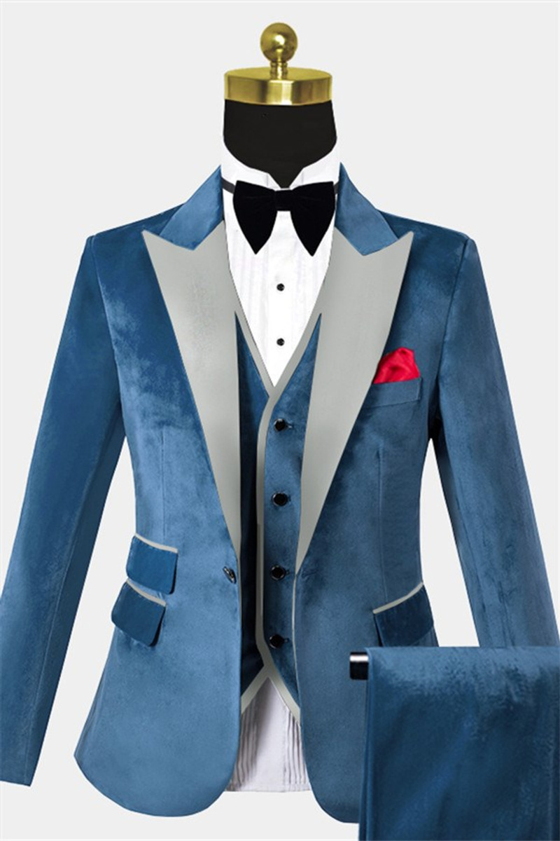 Sky Blue Velvet Tuxedo Three-Piece Skinny Suit