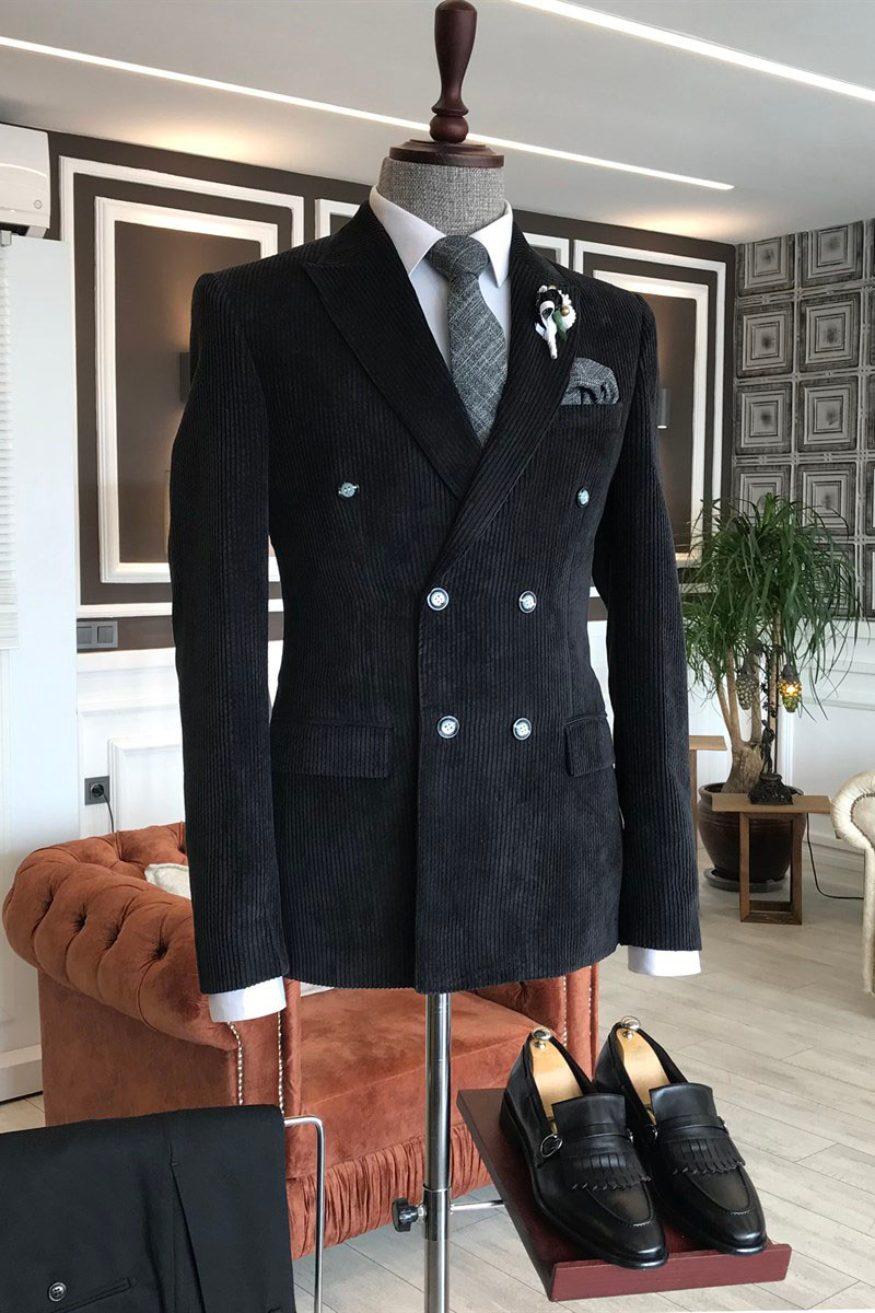 Formal All-Black Point Lapel Double-Breasted Velvet Business Suit