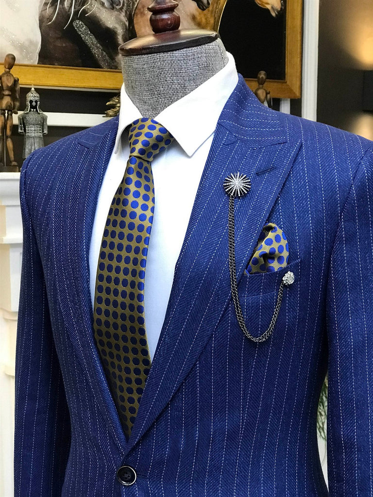 Modern Blue Herringbone Striped Men One Button Two Piece Suit