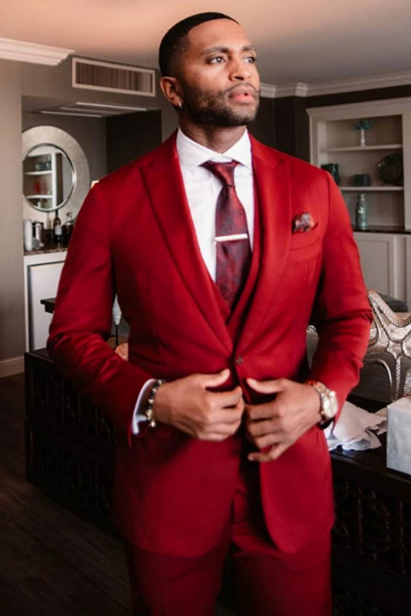 Alexander Red Three Piece Stylish Velvet Point Lapel Men Suit