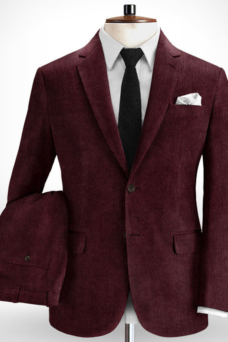 Luca Burgundy Corduroy Striped Prom Men Suit