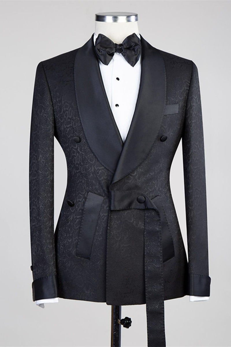 Ernesto Black Double-Breasted Cape Lapel Jacquard Wedding Suit