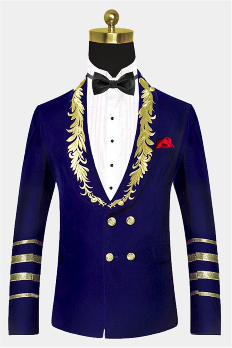 Men Royal Blue Blazer Gold Embroidered Lapel Velvet Jacket