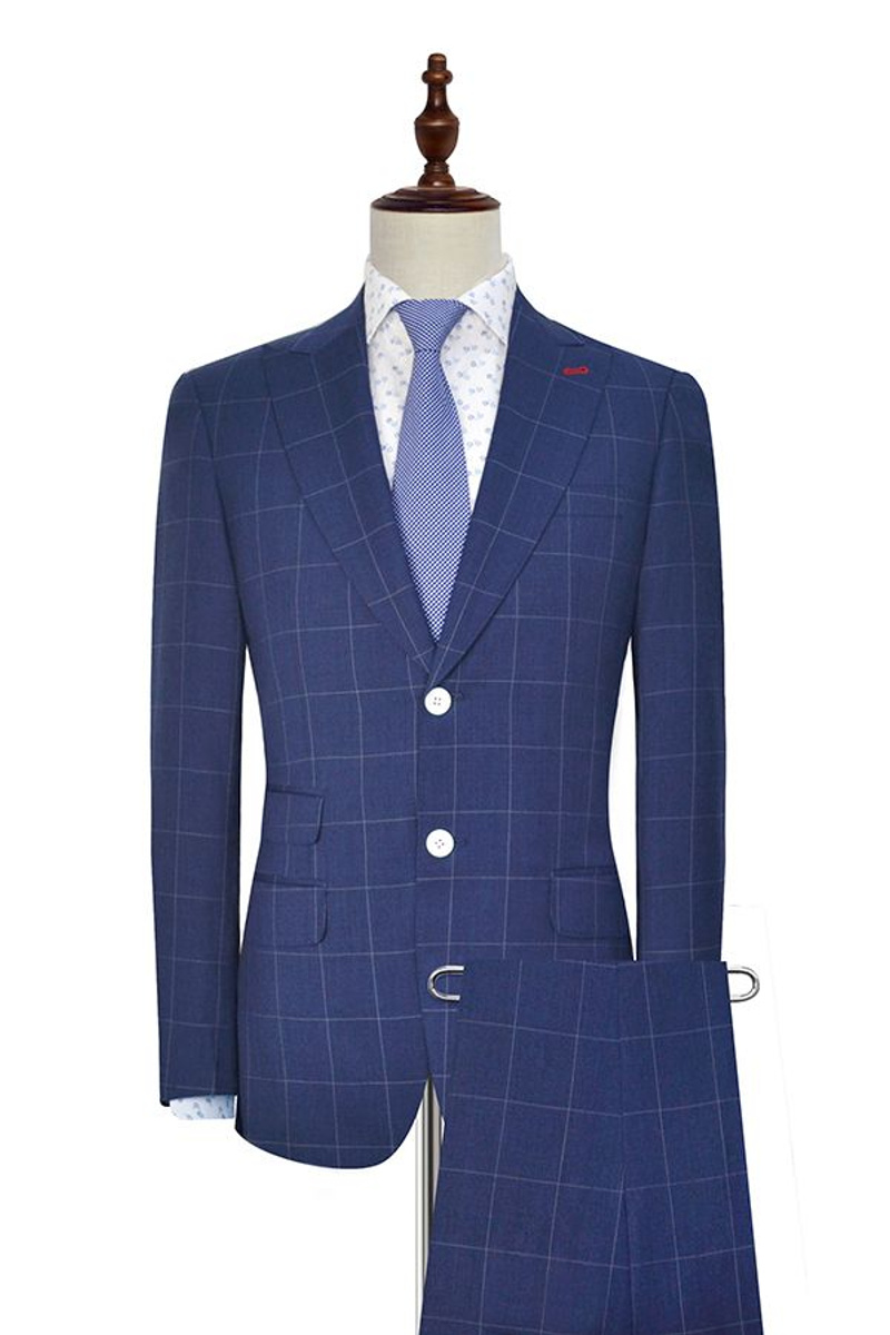 Three Flap Pocket Peak Lapel Suit Two-Button Check Navy Suit