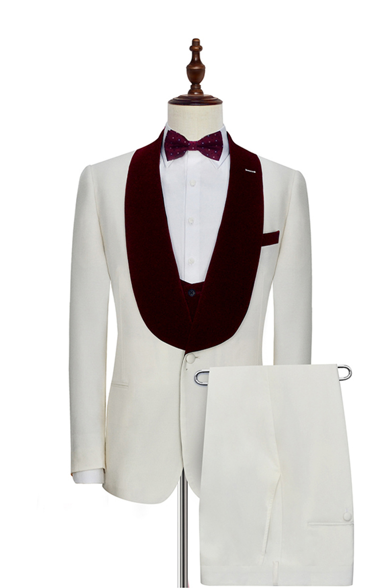 Velvet Shawl Collar White Wedding Tuxedo Burgundy Three-Piece Suit