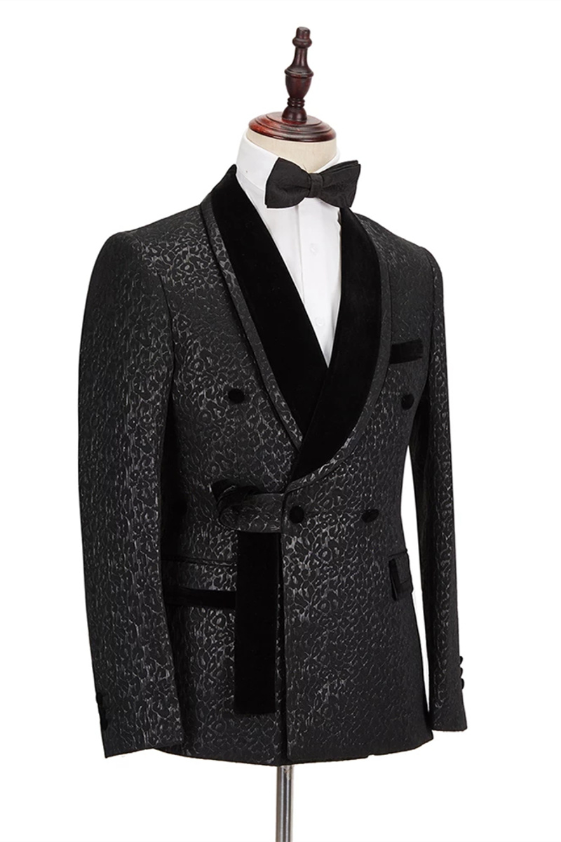 Stylish Velvet Lapel Double-Breasted Prom Suit Belted Leopard Black Jacquard Men's Wedding Suit