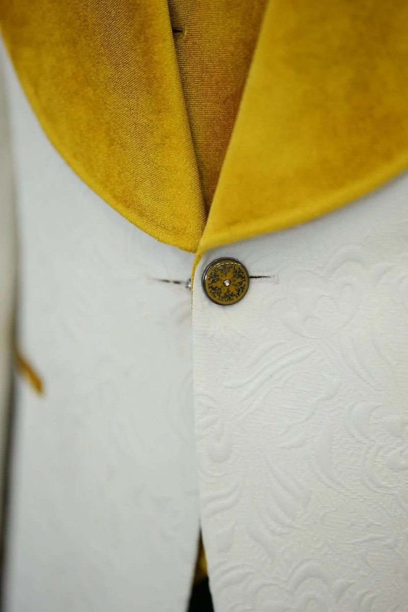 bella Yellow Velvet Shawl Lapel Jacquard Slim Fit Three-Piece Tuxedo