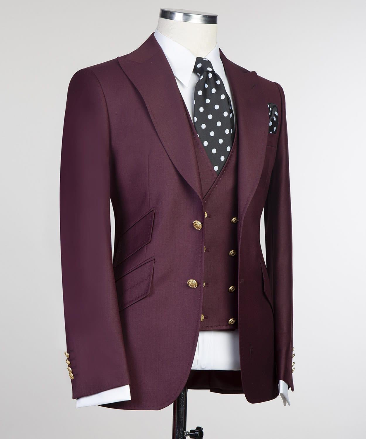 Fashion Burgundy Three-Piece Peaked Lapel Suit