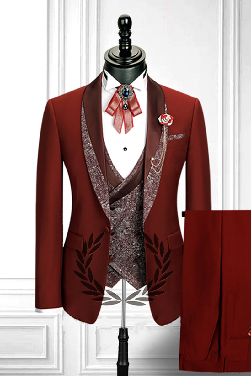 Red Three-Piece Stylish Double-Breasted Waistcoat Men Formal Suit