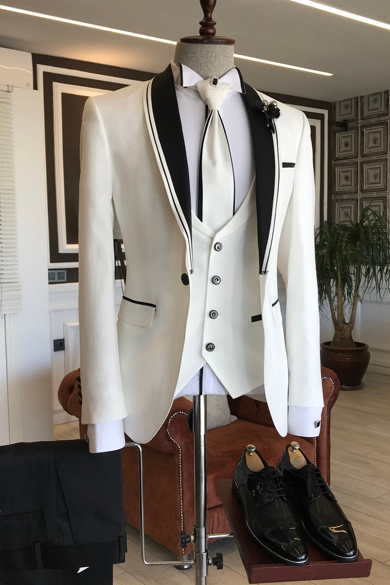 London White Slim Fit Bespoke Wedding Suit with Black Shawl Lapel