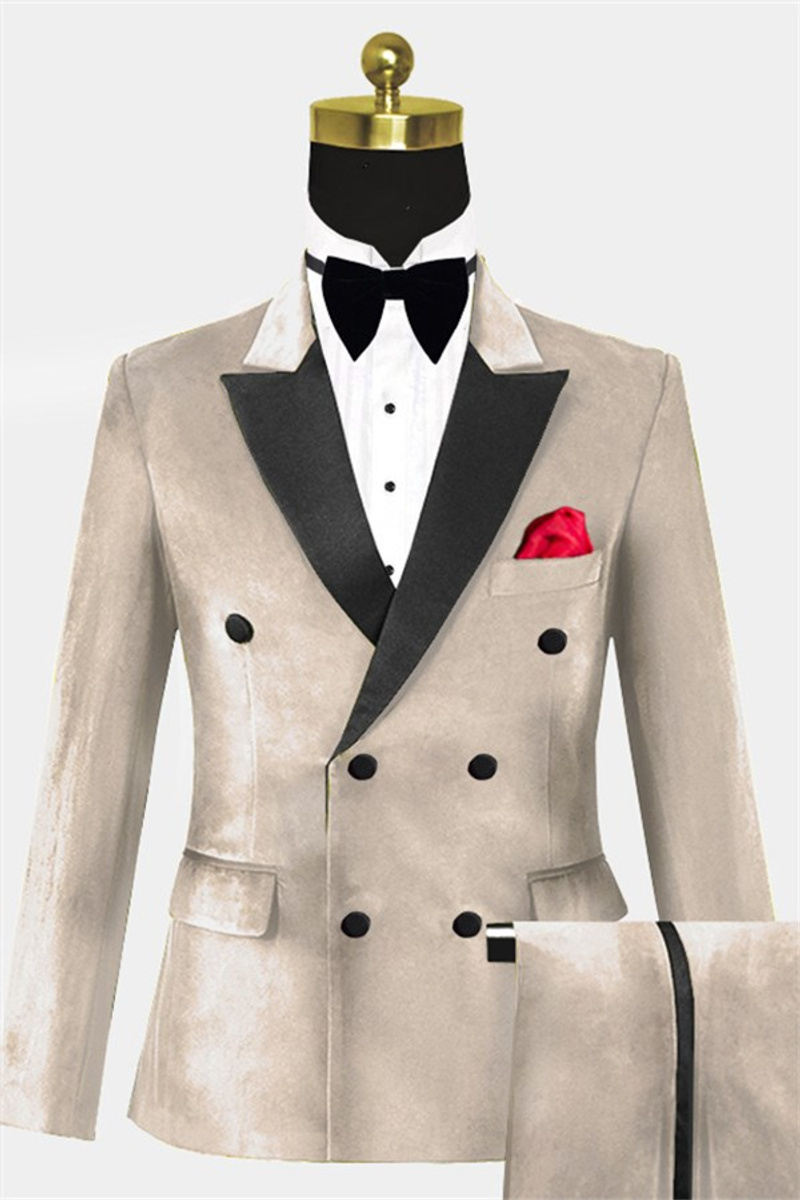 Beige Velvet Slim Fit Tuxedo Double-Breasted Prom Suit