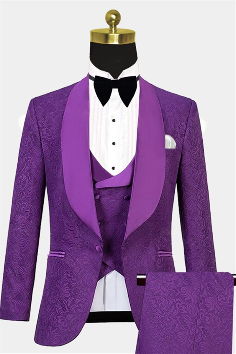 Vintage Jacquard Violet Men Suit Three Piece Prom Suit