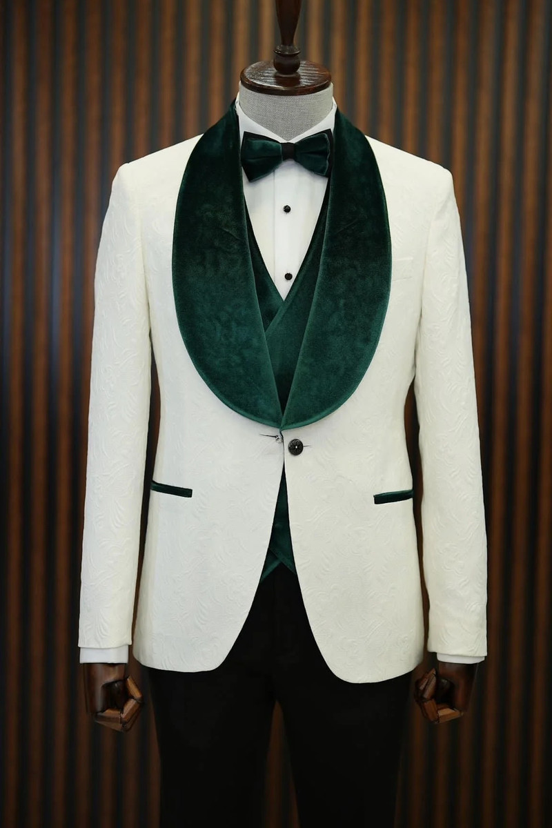 bella Green Velvet Shawl Lapel Jacquard Slim Fit Three-Piece Tuxedo