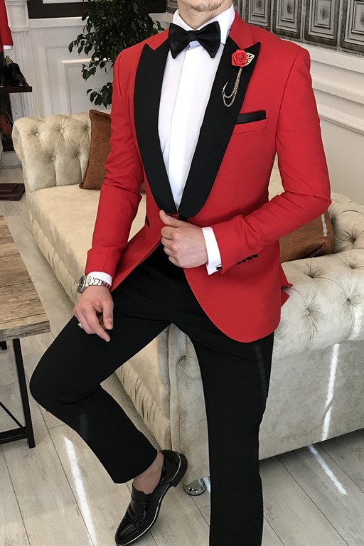 Joyce Regular Red One-Button Black Point Lapel Formal Suit