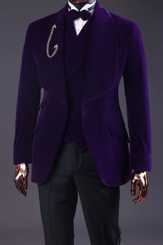 West Chic Deep Purple Shawl Lapel Three-Piece Velvet Wedding Suit