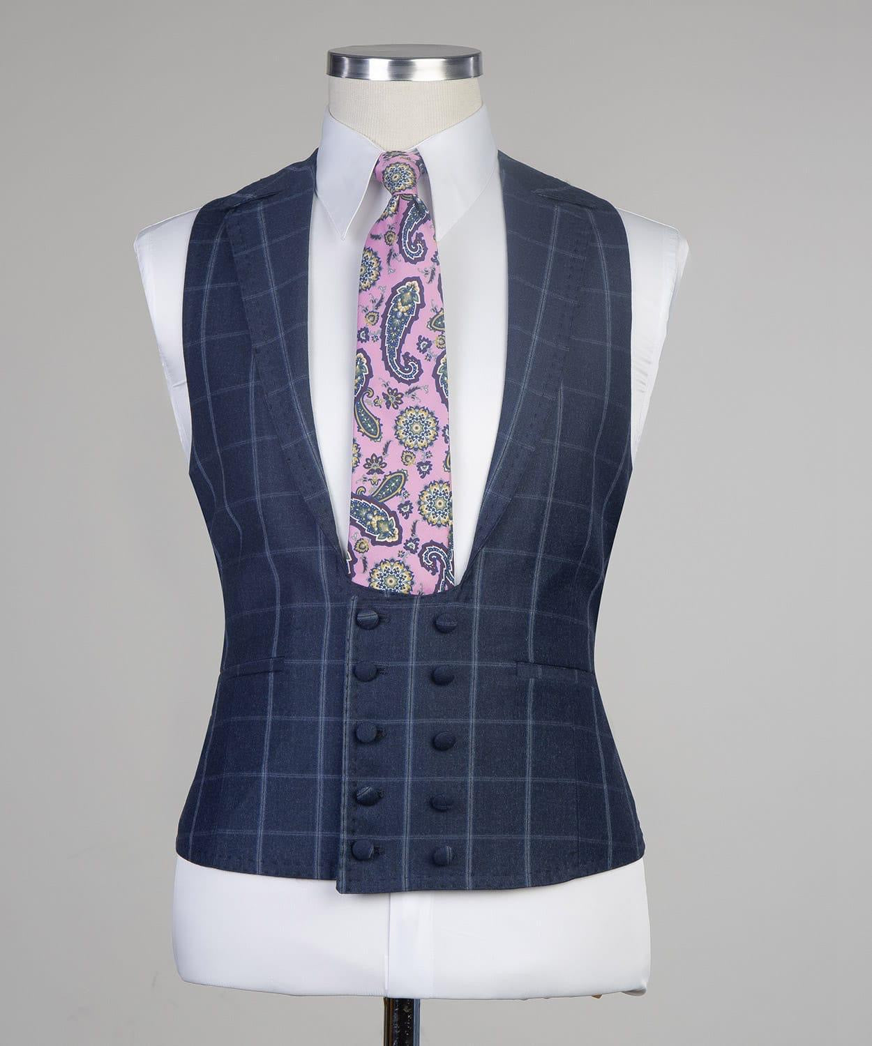 Stylish Navy Plaid Slim Fit Tailored Men Suit For Business