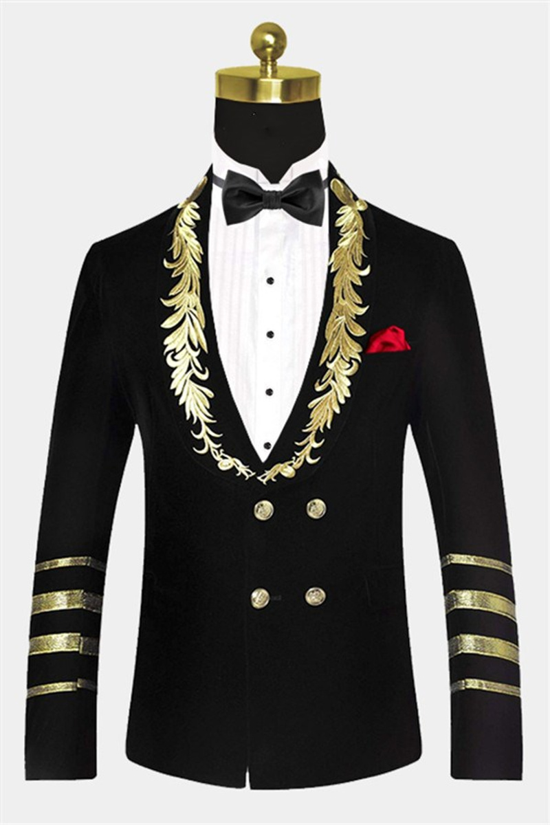 Black Velvet One Piece Jacket Gold Embroidered Double Breasted Tuxedo
