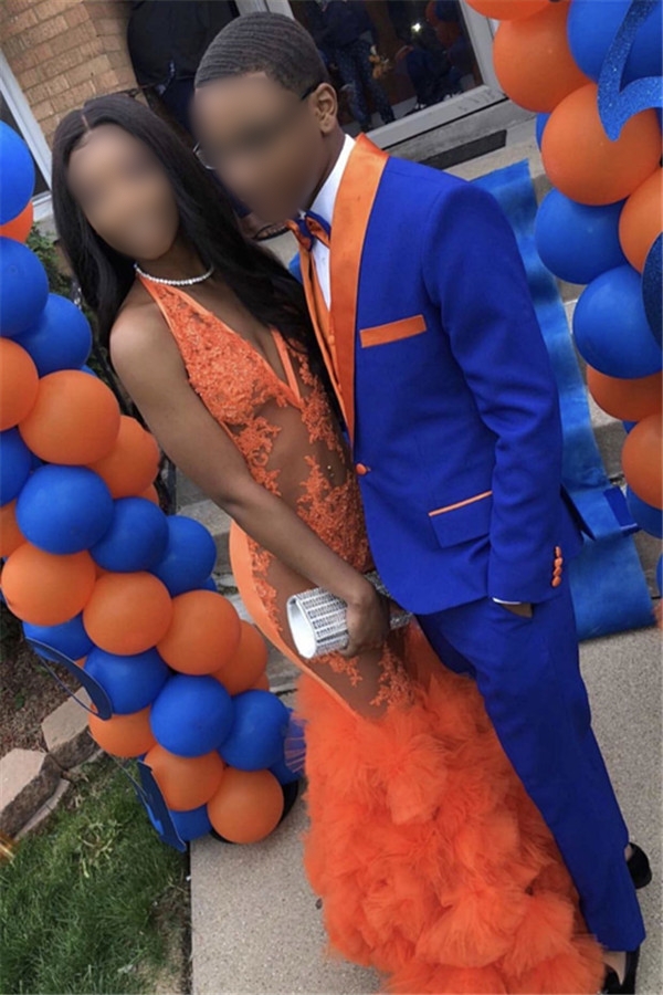 Unique Royal Blue Prom Suit Online Orange Lapel Slim Fit Men Suit