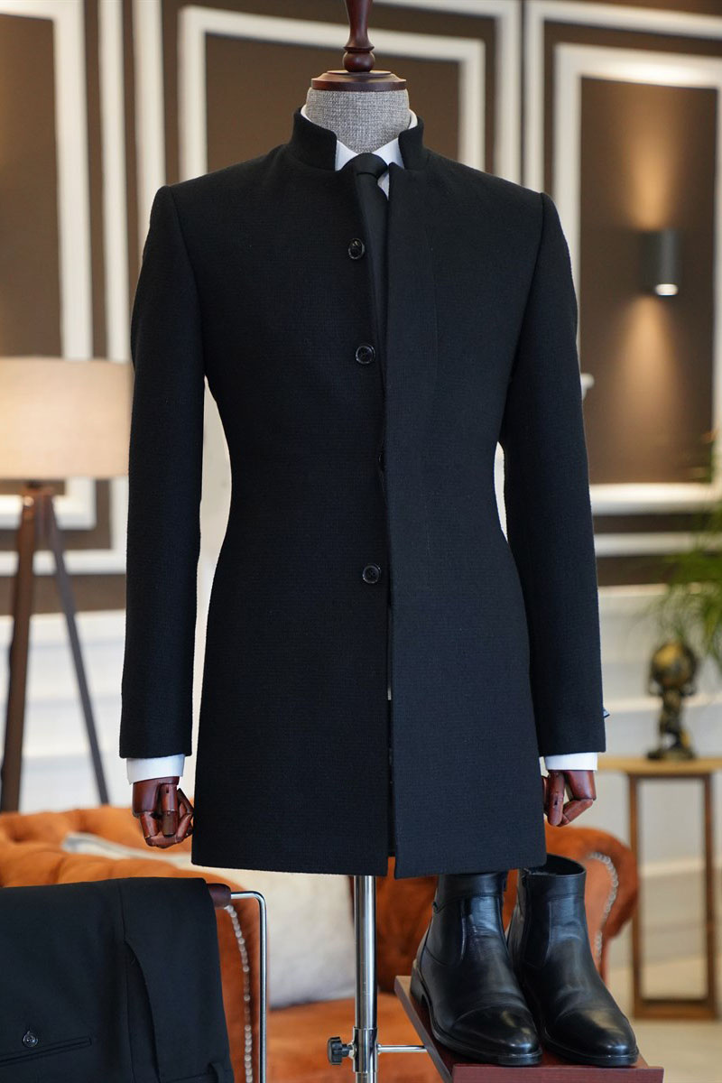 Mark All Black Stand Collar Slim Fit Tailored Wool Jacket For Business