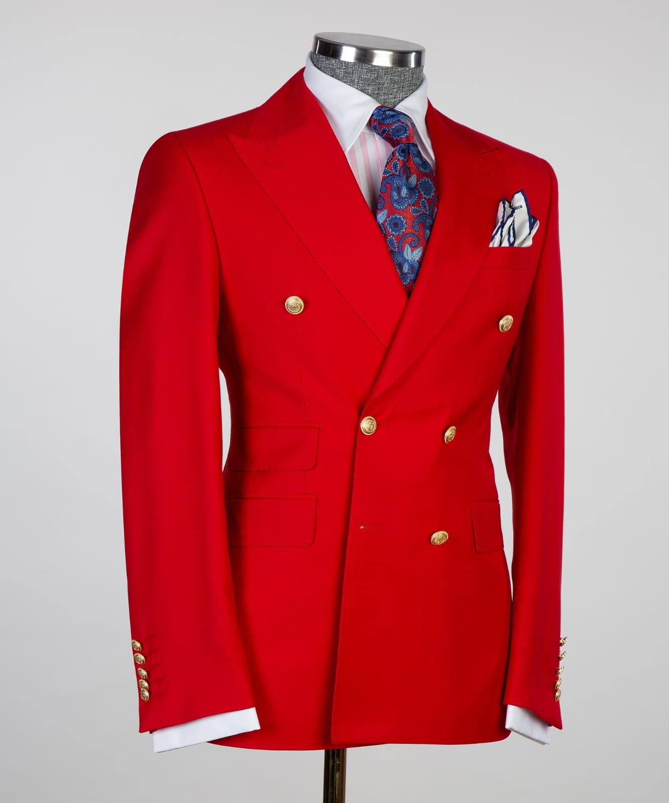 Red Slim Two-Piece Double-Breasted Pointed Collar Business Suit