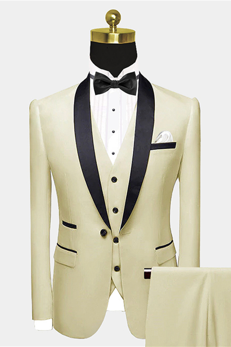 Modern Champagne Prom Suit Black Satin Shawl Lapel Suit for Groomsmen