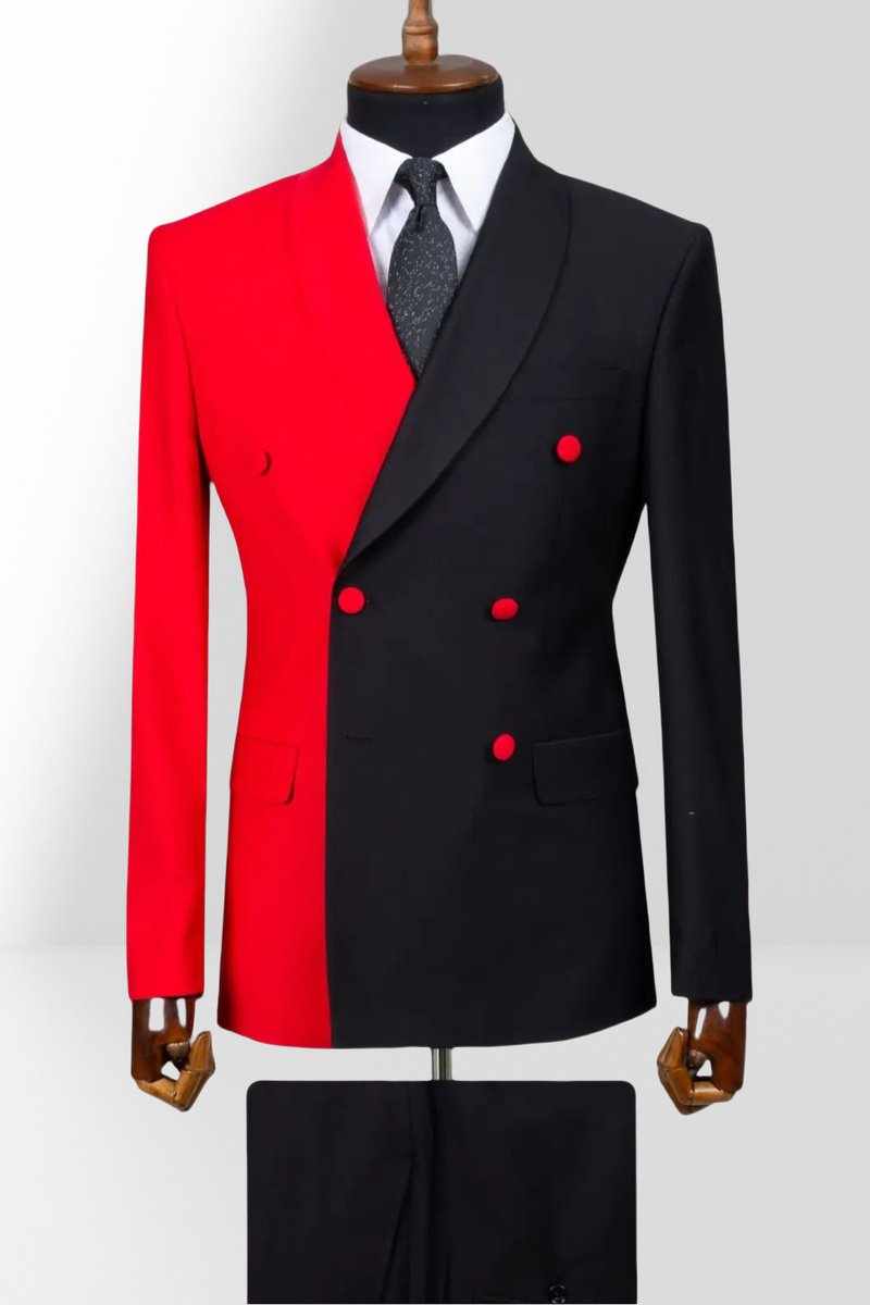 Red and Black Double-Breasted Slim Fit Two-Piece Suit with Shawl Collar