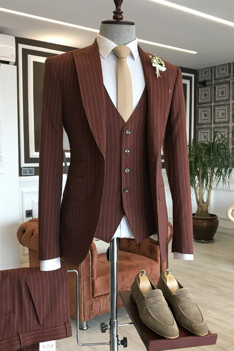 Elmer Newest Burgundy Three-Piece Striped Point Lapel Business Suit