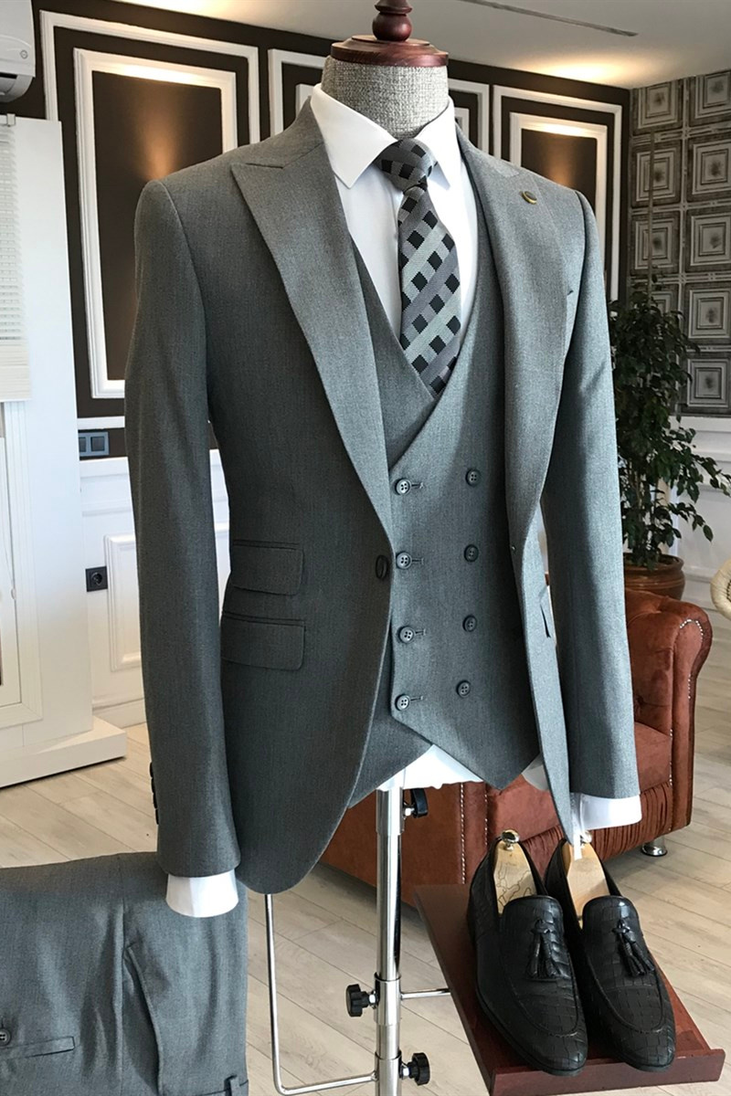 Levi Light Grey Three-Piece Point Lapel Slim Fit Business Suit