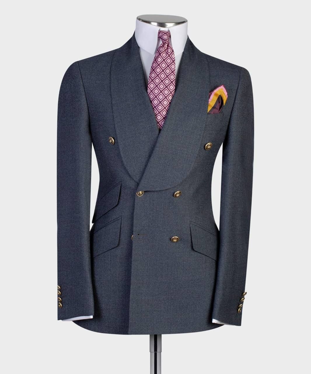 Dark Gray Shawl Lapel Double-Breasted Suit