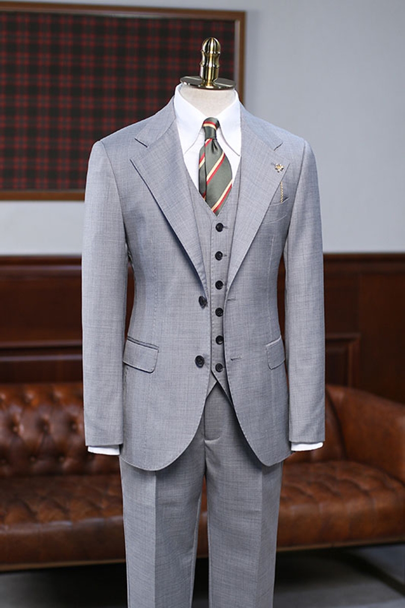 Andy Grey Plaid Three-Piece Notched Lapel Slim Suit