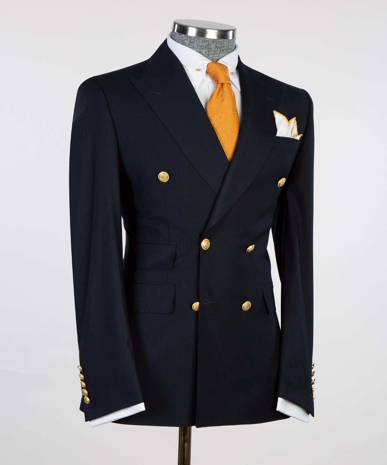 Raphael Black Pinstripe Two-Piece Peak Collar Suit Striped Suit