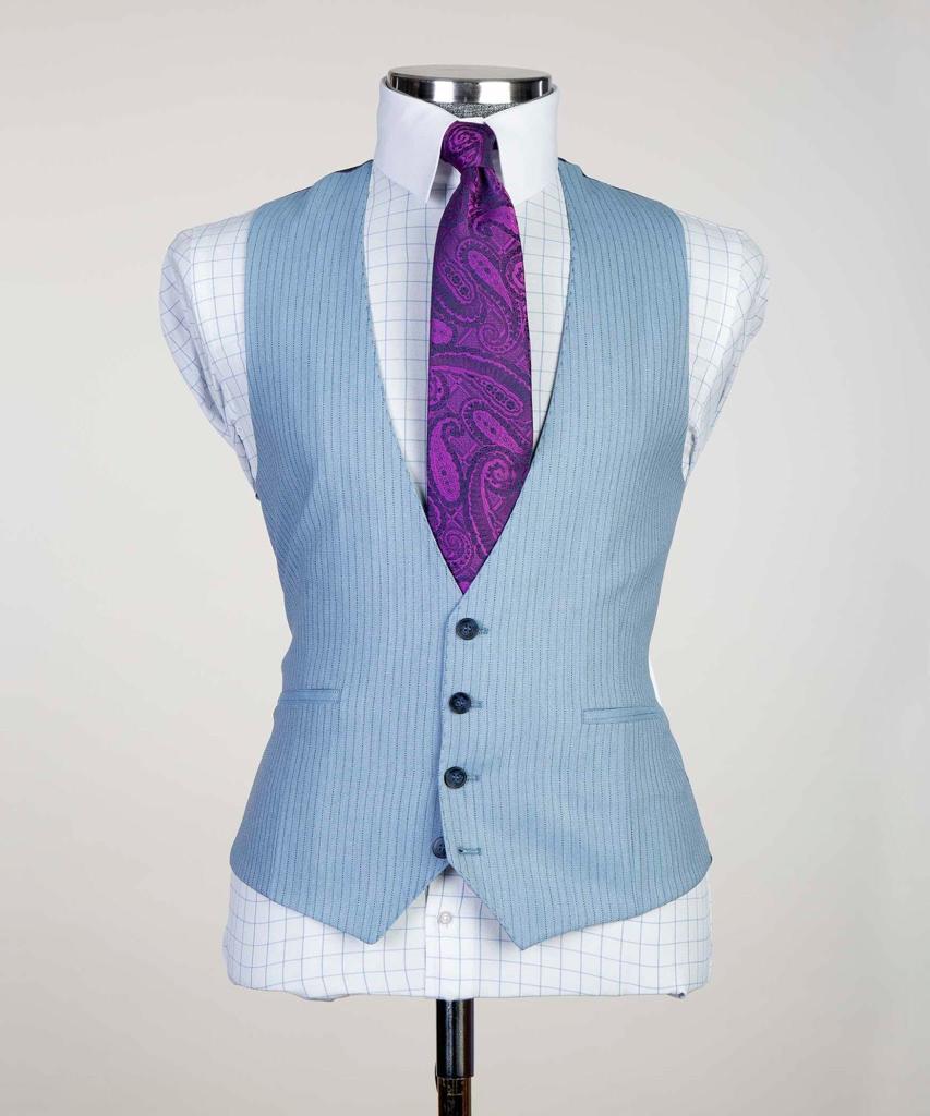 Sky Blue Striped Pointed Lapel Three-Piece Business Suit