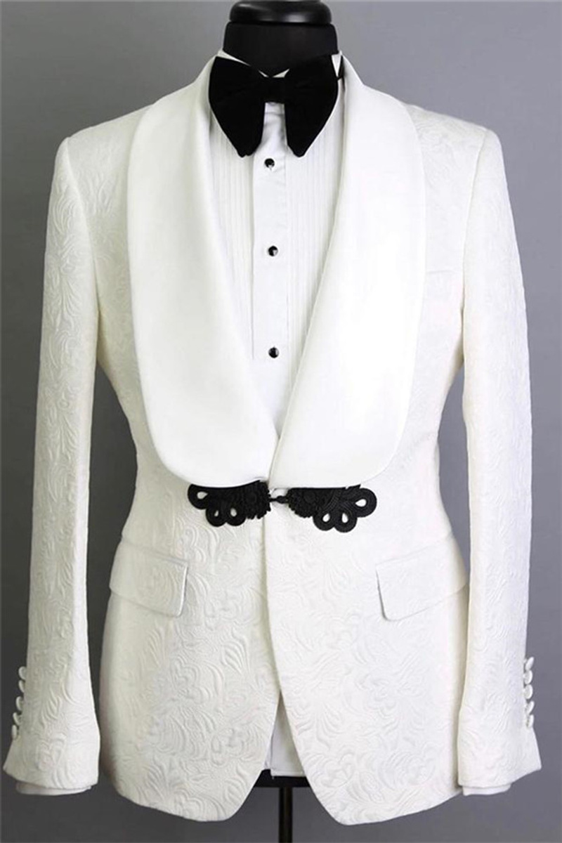 White Shawl Lapel Jacquard Groom Suit Elegant Slim Fit Tuxedo