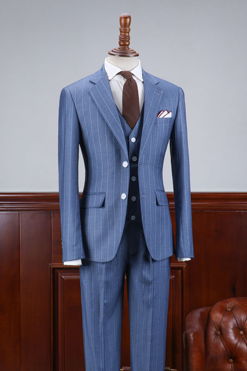 Andrew Stylish Blue Striped Three-Piece Slim Fit Business Suit