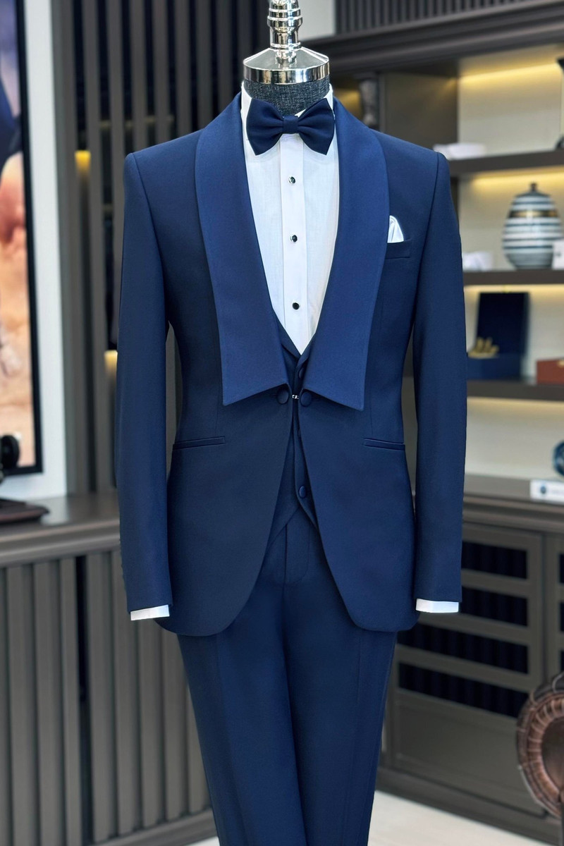 Italian Style Navy Blue Modern Slim Fit Shawl Collar Groom Suit Three Piece