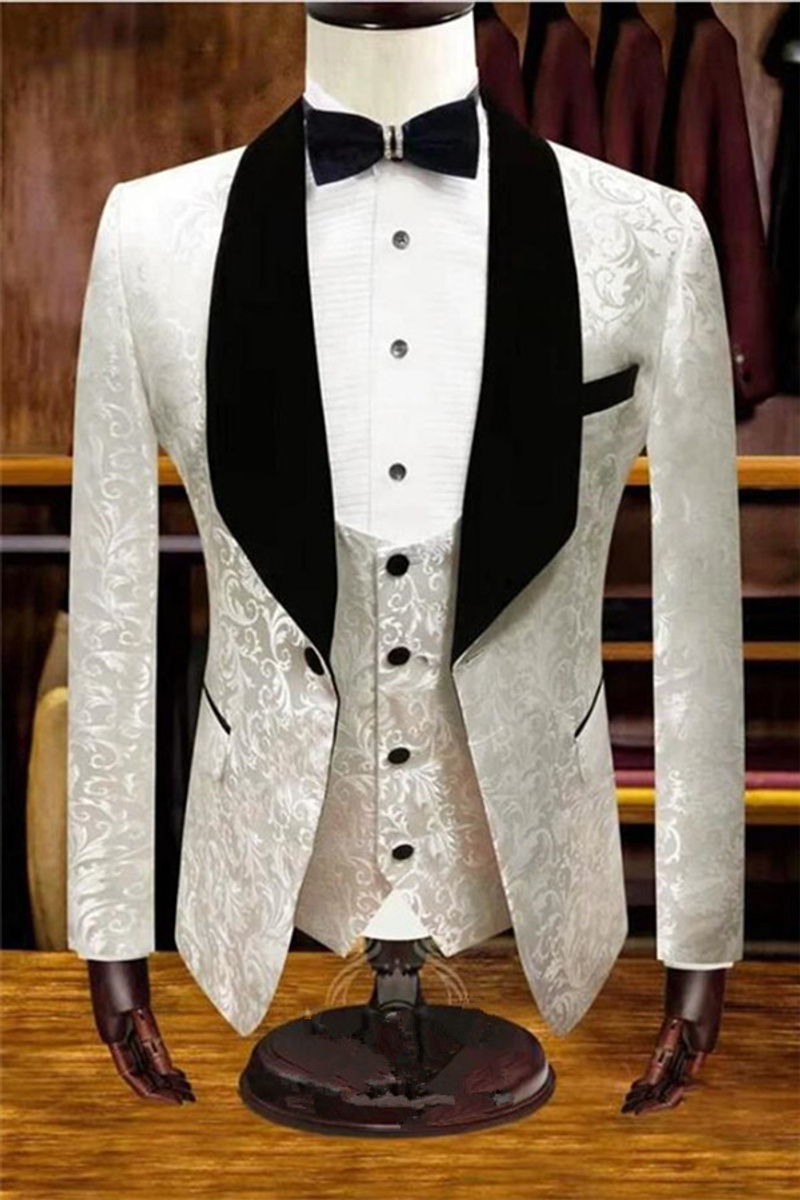 White Jacquard Wedding Tuxedo Groom Three-Piece Suit