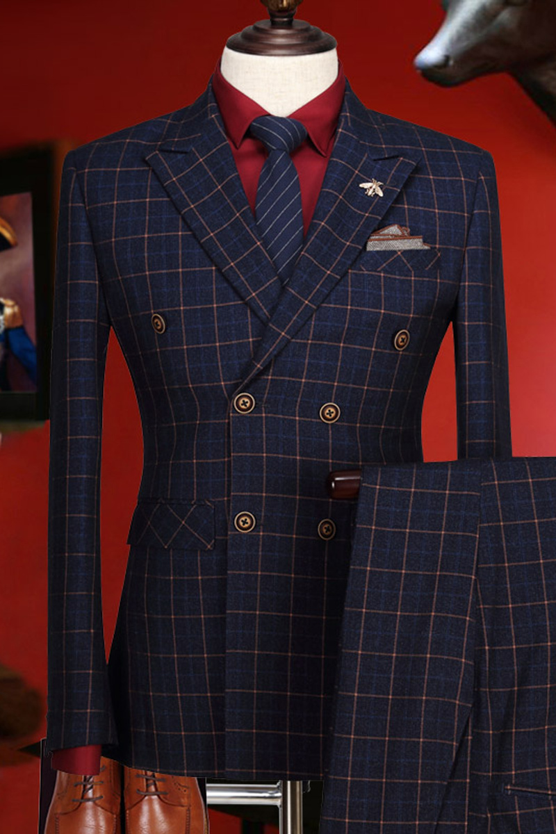 Terry Dark Blue Check Point Lapel Double Breasted Prom Suit
