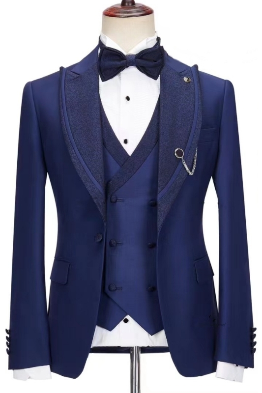 Fashionable Dark Blue Peak Lapel Three-Piece Prom Suit