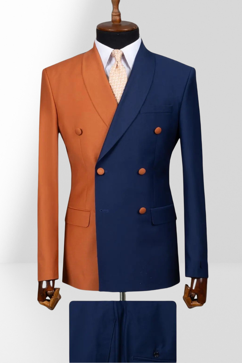 Orange and Navy Blue Double-Breasted Slim Fit Two-Piece Suit with Shawl Collar
