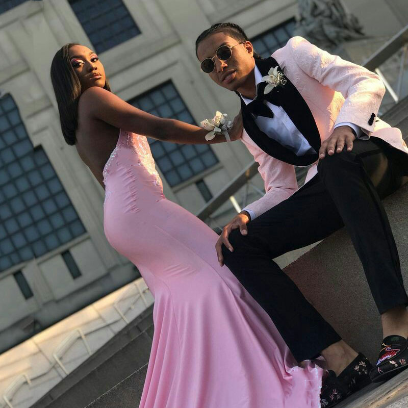 New Pink Jacquard Men Suit Shawl Lapel One Button Prom Suit