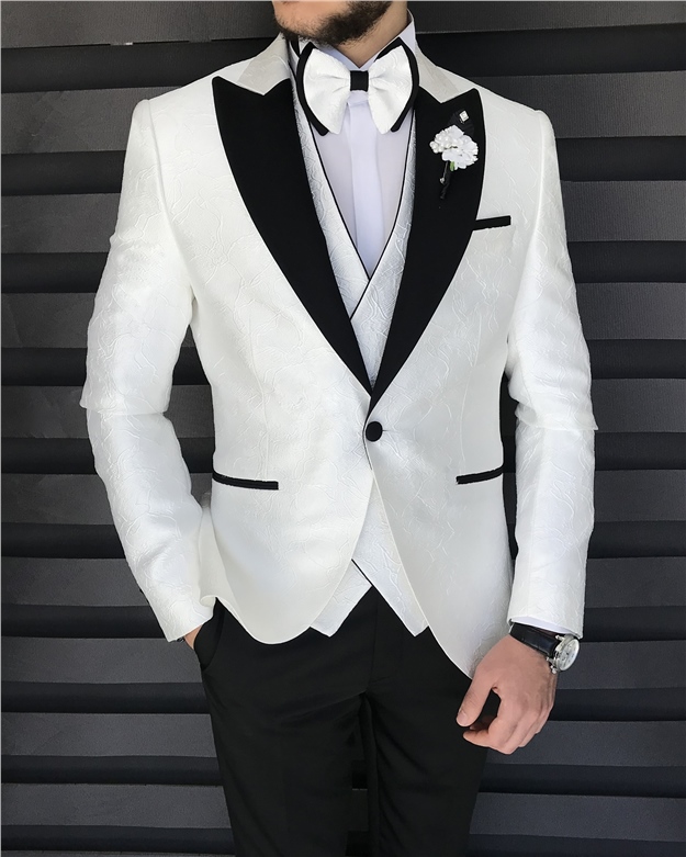 White Lapel Collar Jacquard Three-Piece Groom Suit