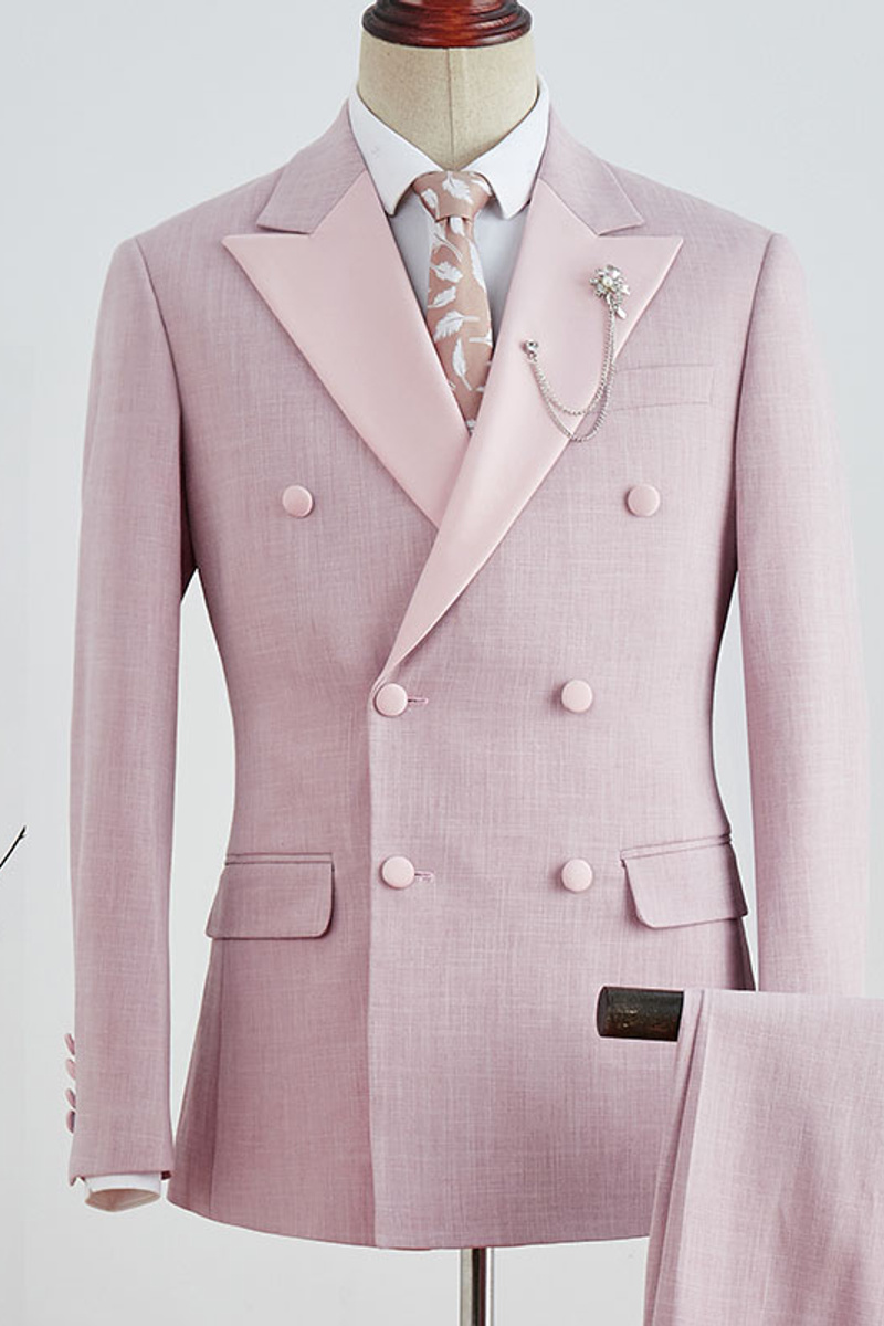 Bruce Trendy Pink Check Point Lapel Double Breasted Prom Suit