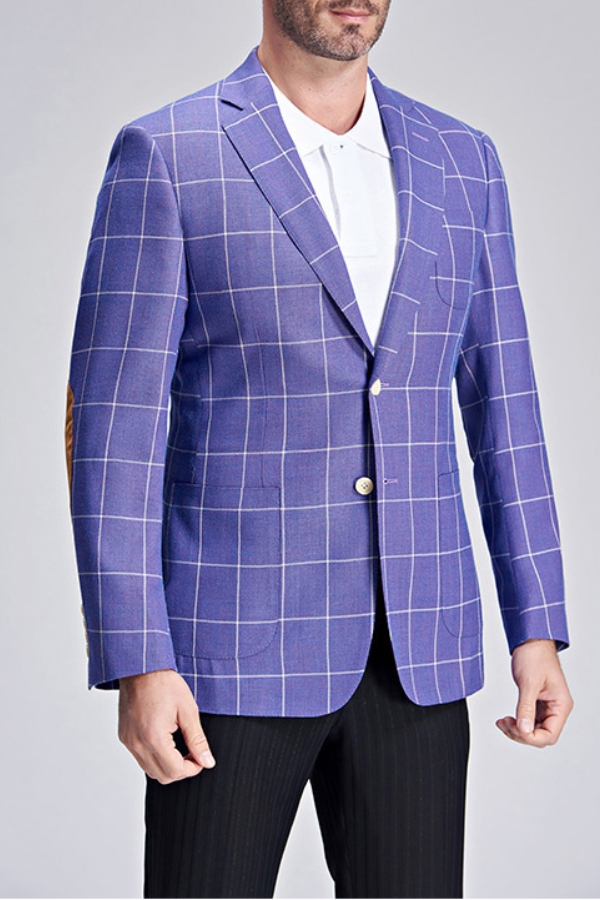 Men Modern Plaid Violet Purple Elbow Patch Blazer
