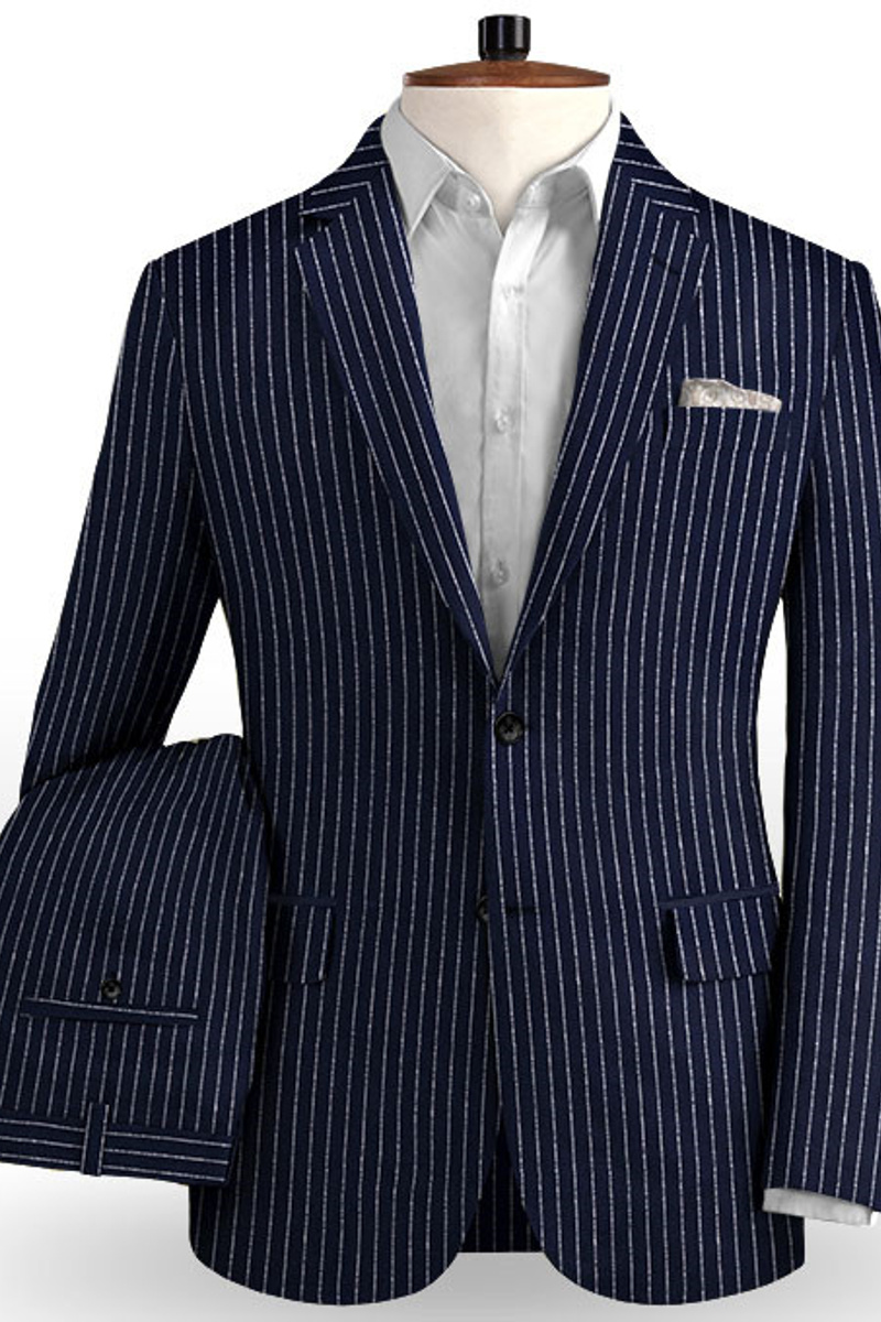 Dark Blue Linen Formal Tuxedo Business Striped Two Piece Men Suit