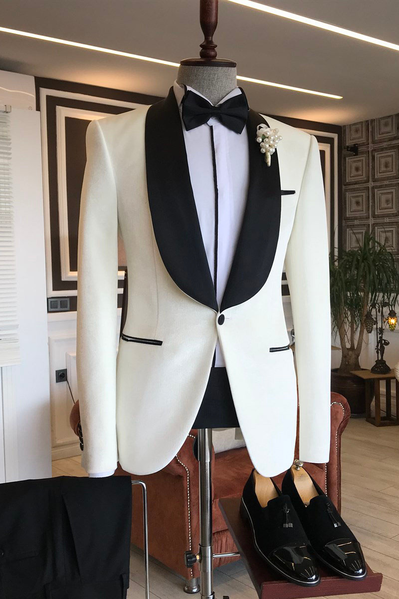 Michael's Simple White and Gold Velvet Shawl Lapel Groom's Suit Two Piece