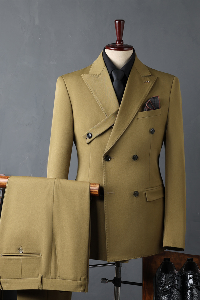 Italian Style Camel Lapel Collar Slim Fit Suit Wedding Business Suit with Adjustable Chest Buckle