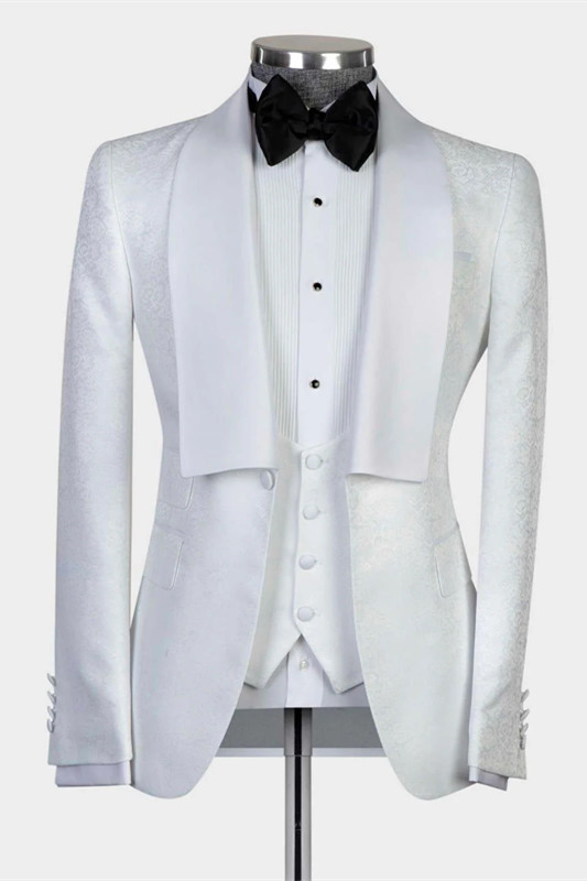 White Shawl Lapel Three-Piece Jacquard Wedding Suit