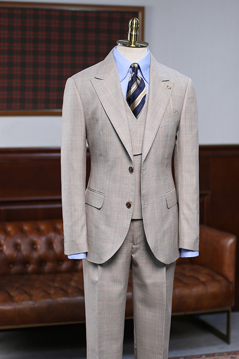 Abel Formal Light Khaki Check Three Piece Custom Business Suit